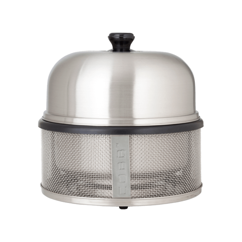 Alt Text: Stainless steel COBB Premier BBQ grill with lid on, front view