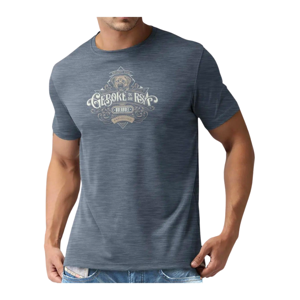Boerboel Wear T-Shirt - Blue Melange "Gebore In Die RSA"